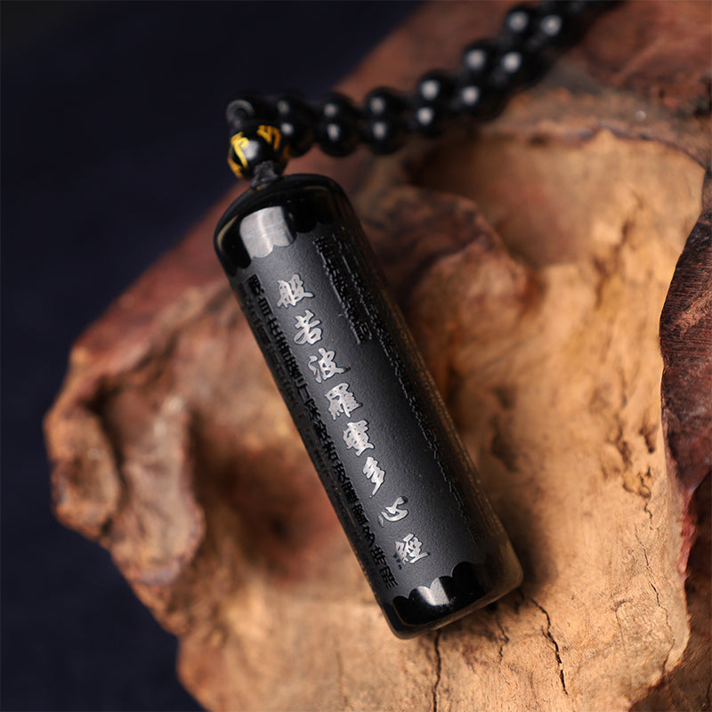 Fortune Jewel Natural Black Obsidian Heart Sutra Purification Necklace Pendant
