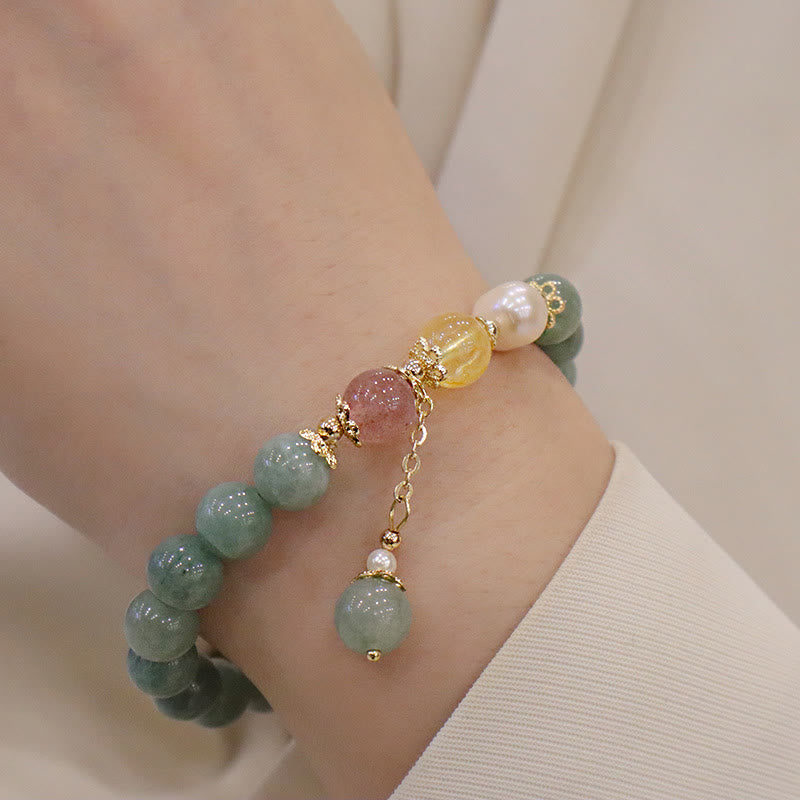 Fortune Jewel Jade Pearl Strawberry Quartz Abundance Luck Bead Charm Bracelet