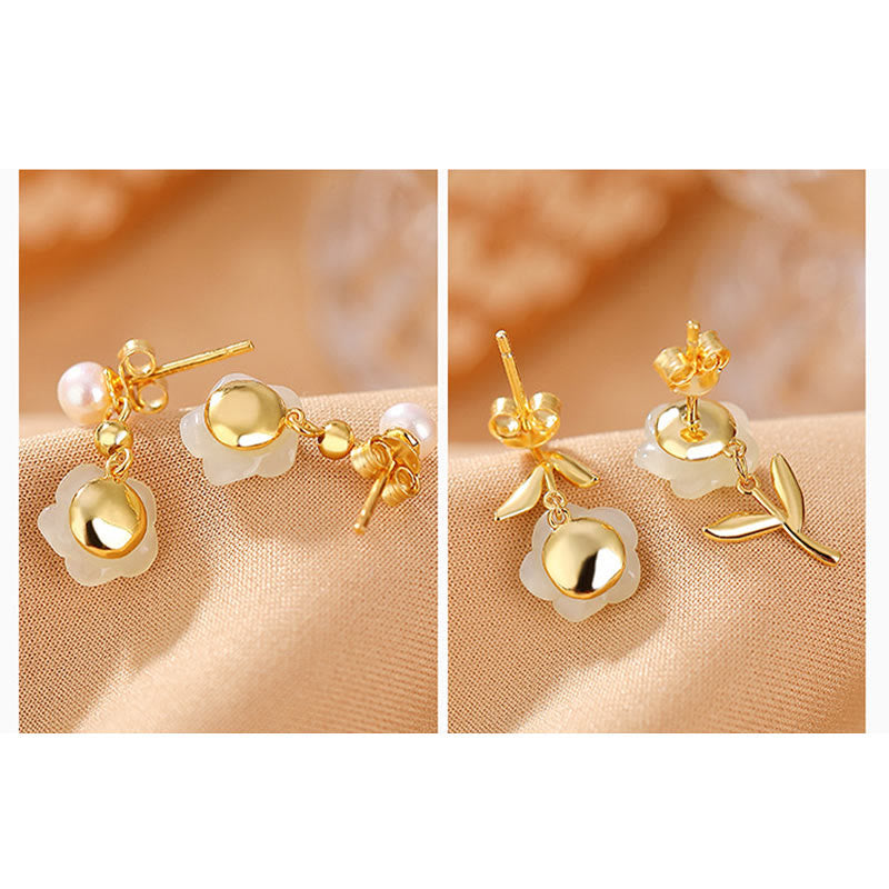 Fortune Jewel 925 Sterling Silver Plated Gold Jade Rose Flower Cyan Jade Pearl Luck Earrings