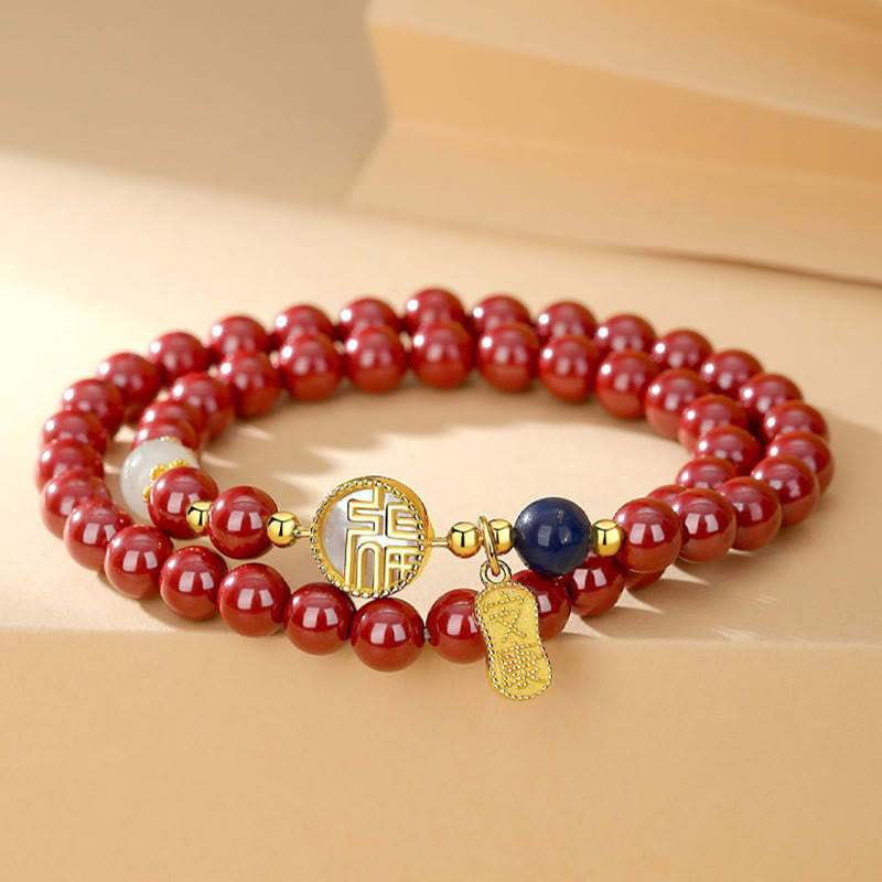 Fortune Jewel 925 Sterling Silver Cinnabar Tridacna Stone Fu Character Double Wrap Blessing Bracelet