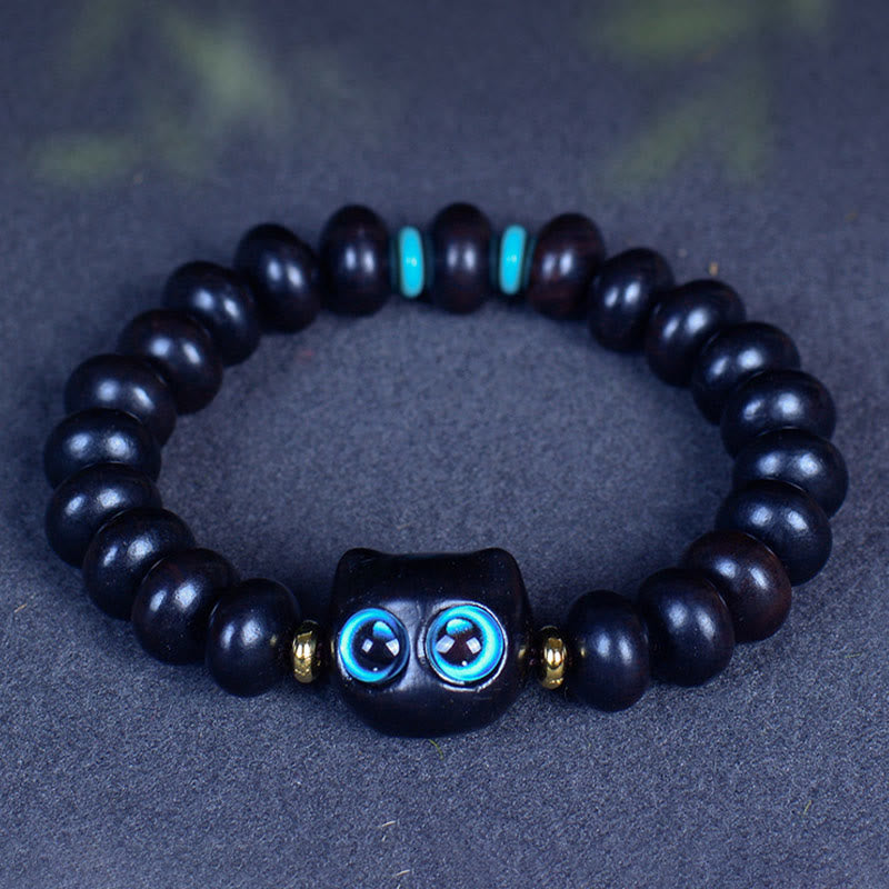 Fortune Jewel Ebony Wood Liuli Glass Lovely Cat Peace Balance Bracelet