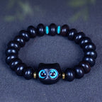 Fortune Jewel Ebony Wood Liuli Glass Lovely Cat Peace Balance Bracelet