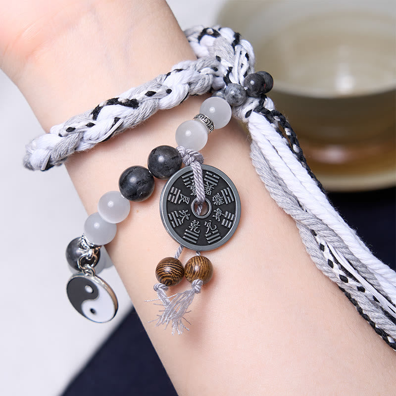Fortune Jewel Black Glitter Stone Cat's Eye Yin Yang Mountain Ghosts Spend Money Power Double Layer Rope Bracelet