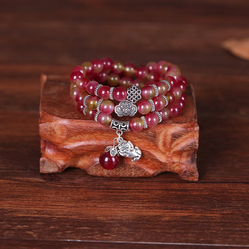 Fortune Jewel Natural Watermelon Tourmaline PiXiu Elephant Positive Triple Wrap Bracelet