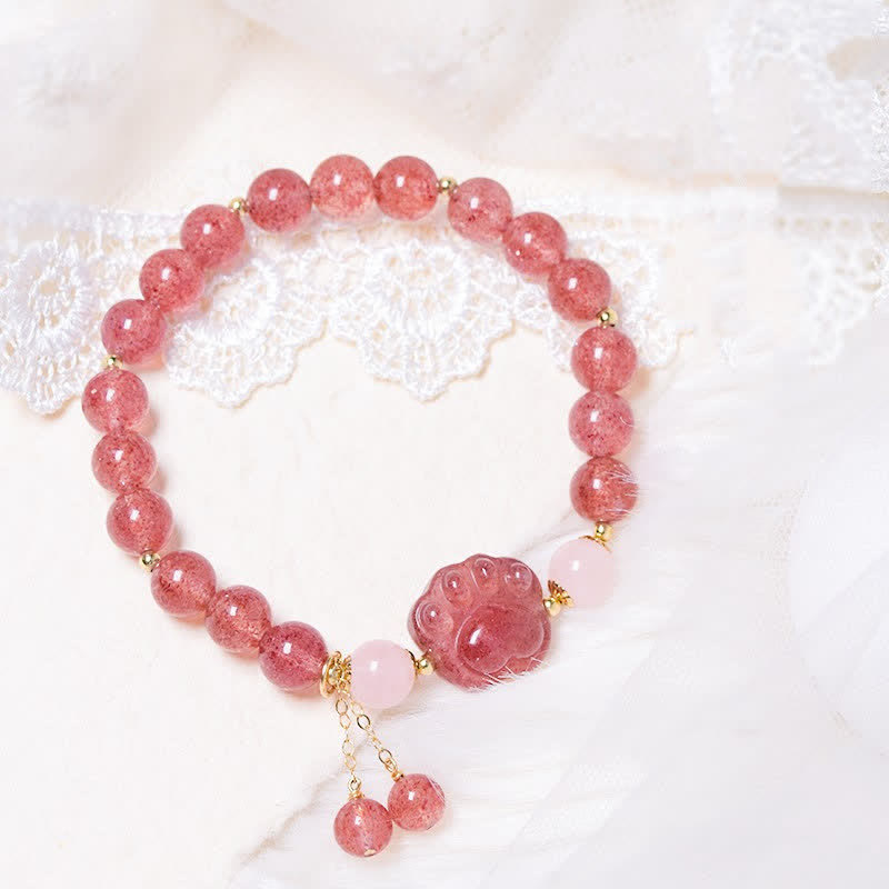 Fortune Jewel Natural Strawberry Quartz Pink Crystal Lucky Cat Paw Love Bracelet
