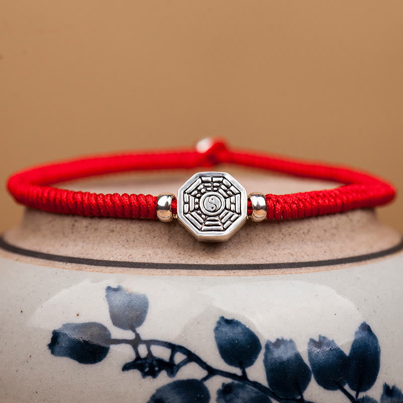 Fortune Jewel 925 Sterling Silver Yin Yang Bagua Symbol Cinnabar String Concentration Bracelet