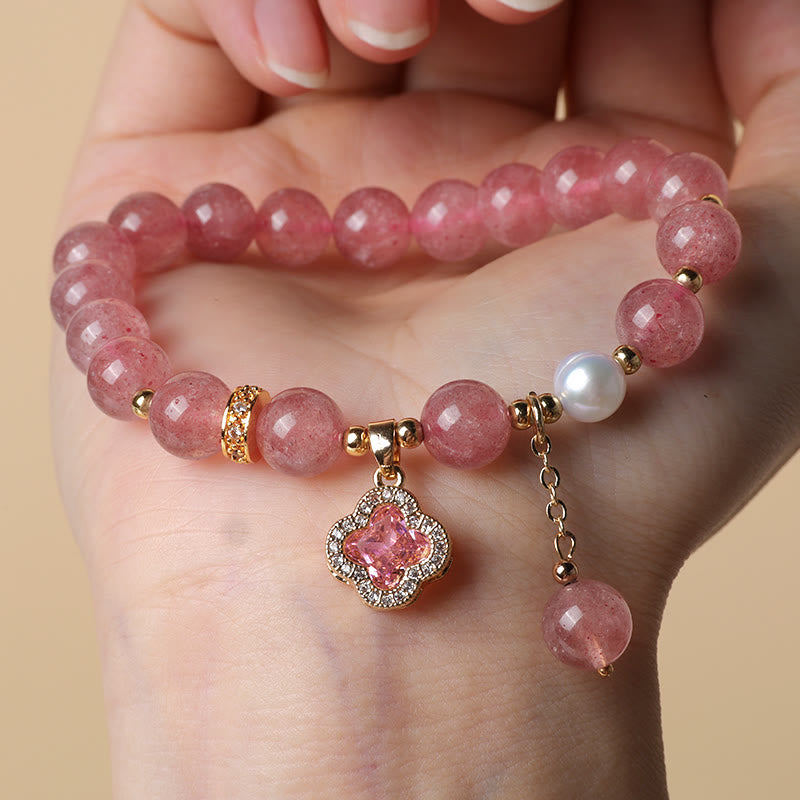 Fortune Jewel Strawberry Quartz Pearl Four Leaf Clover Charm Healing Bracelet