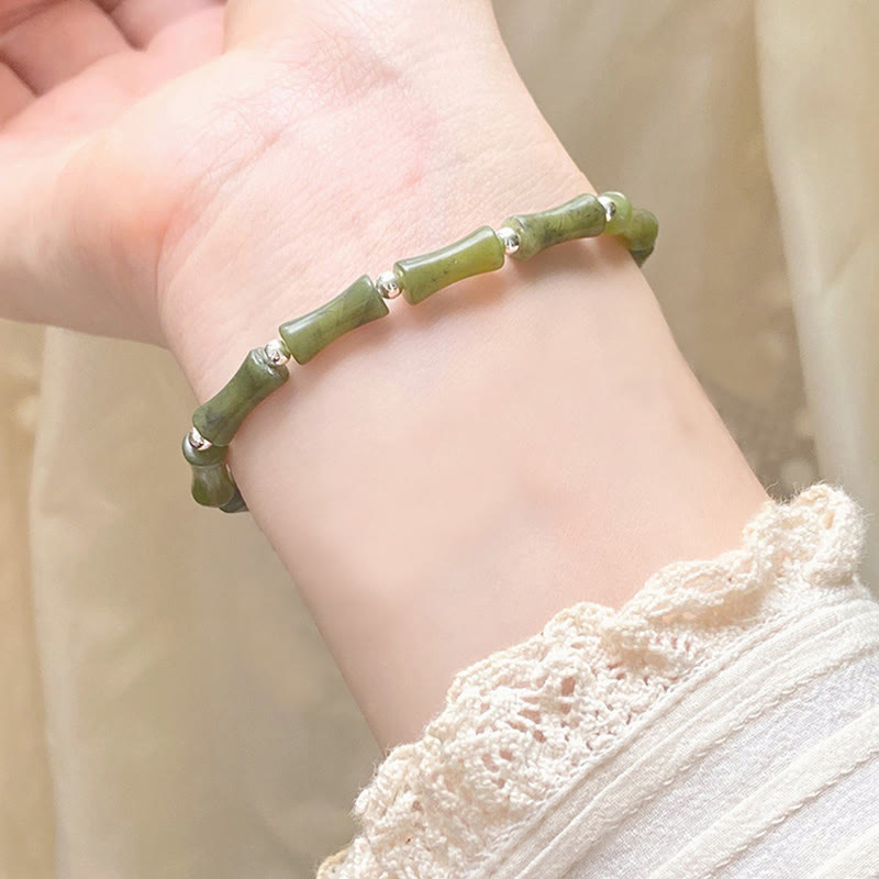 Fortune Jewel 925 Sterling Silver Bamboo Jade Lucky Cat Fu Character Luck Abundance Bracelet