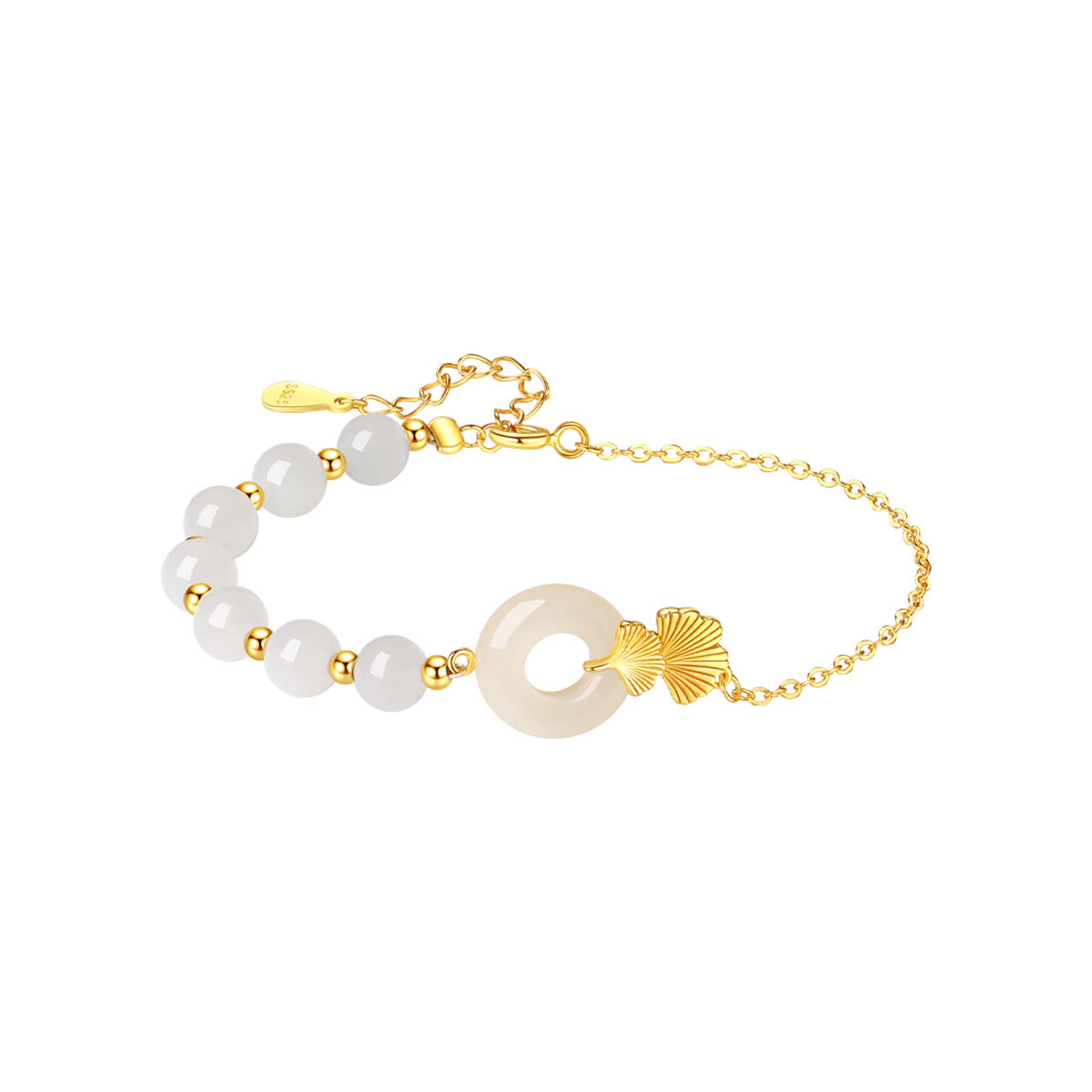 Fortune Jewel 925 Sterling Silver Hetian White Jade Peace Buckle Ginkgo Leaf Luck Bracelet