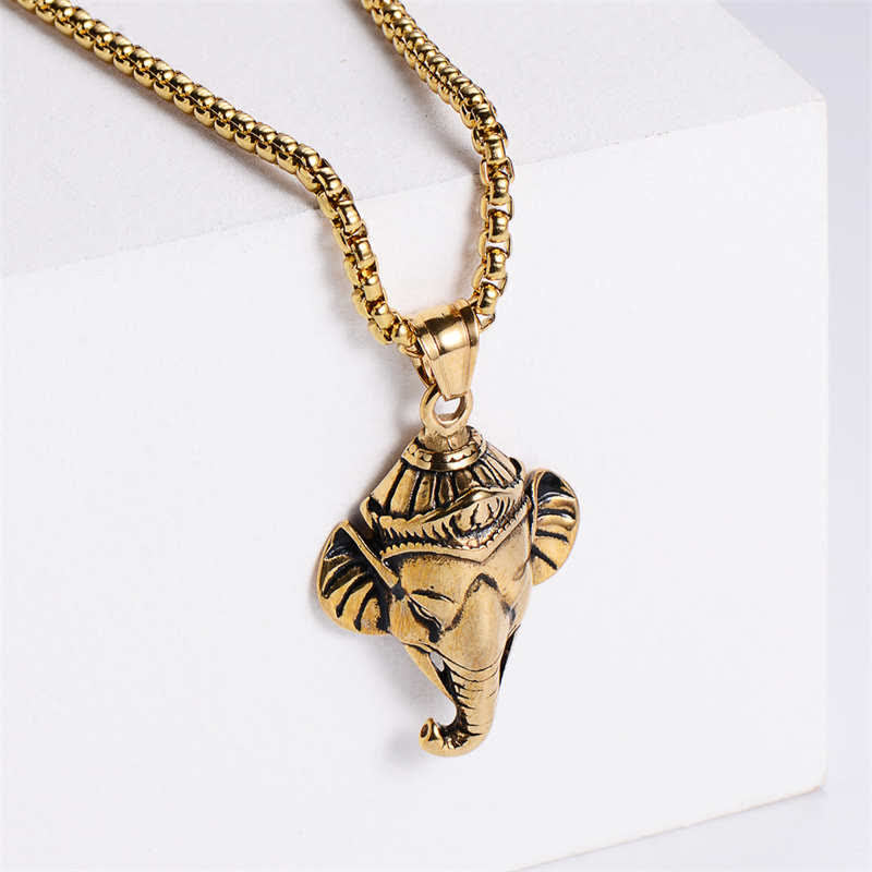 Fortune Jewel Ganesh Ganpati Elephant Titanium Steel Protection Pendant Necklace