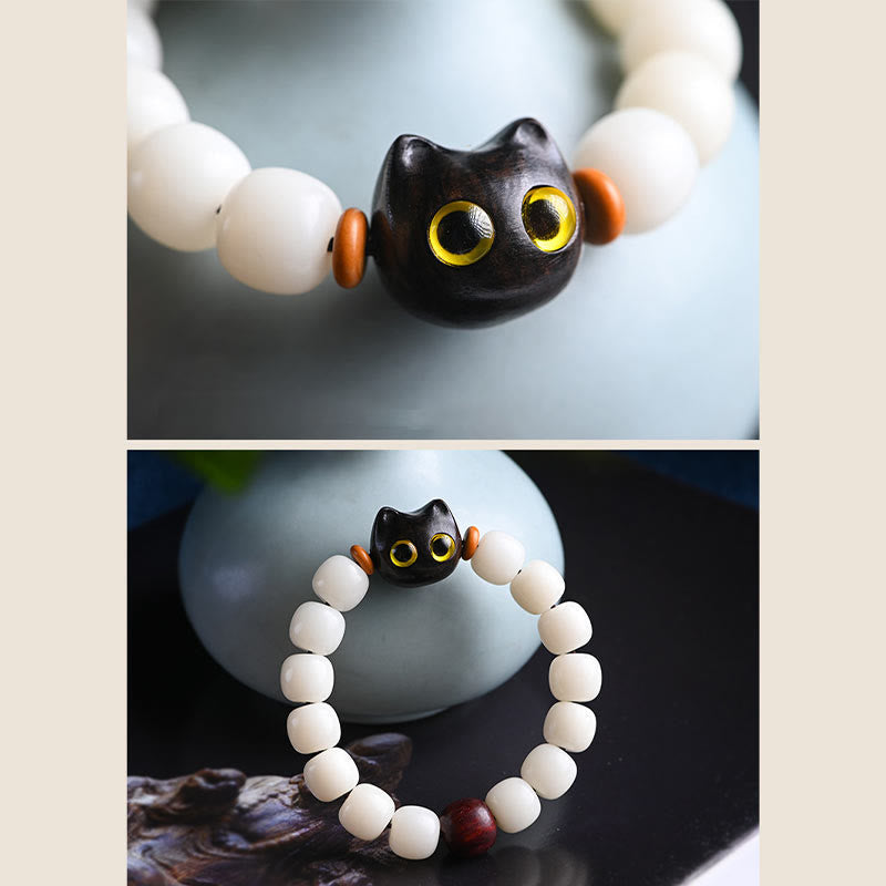 Fortune Jewel Natural Bodhi Seed Small Leaf Red Sandalwood Ebony Wood Cute Lucky Cat Wisdom Bracelet