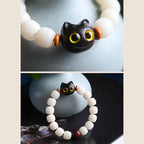 Fortune Jewel Natural Bodhi Seed Small Leaf Red Sandalwood Ebony Wood Cute Lucky Cat Wisdom Bracelet