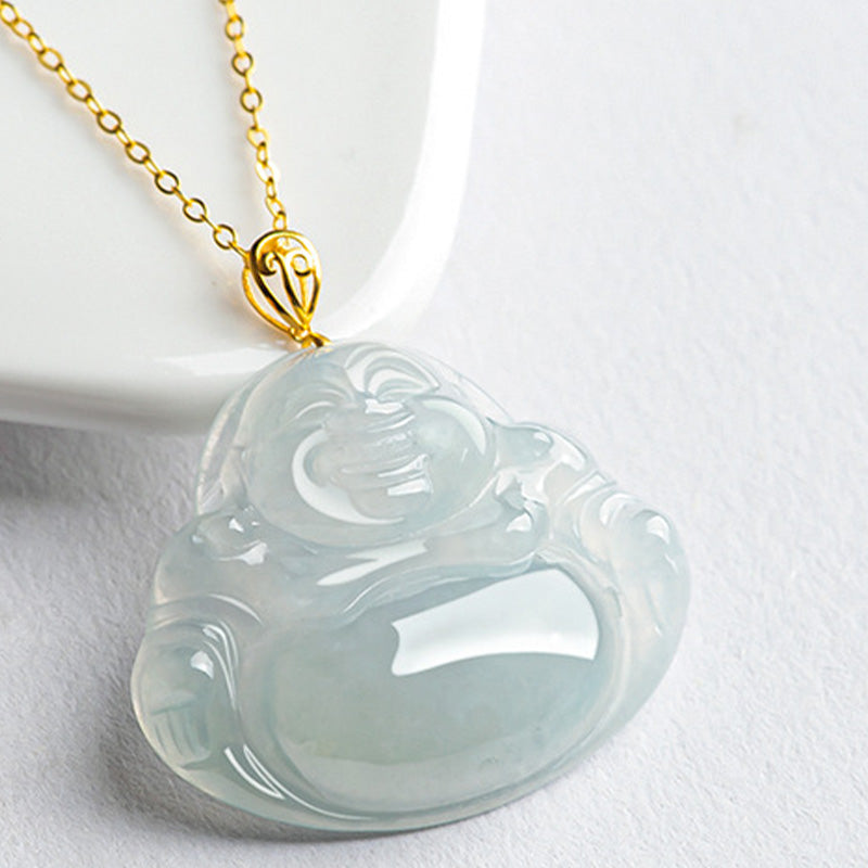 Fortune Jewel Laughing Buddha Natural Jade Abundance Titanium Steel Chain Necklace Pendant Fortune Jewel