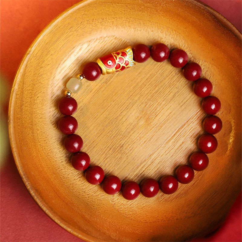 Fortune Jewel Natural Cinnabar Lucky Koi Fish Hetian Jade Bead Blessing Bracelet