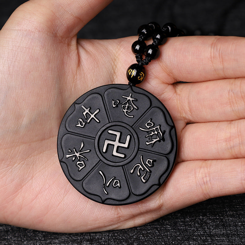 Fortune Jewel Natural Black Obsidian Tibetan Om Mani Padme Hum Buddha Swastika Luck Necklace Pendant