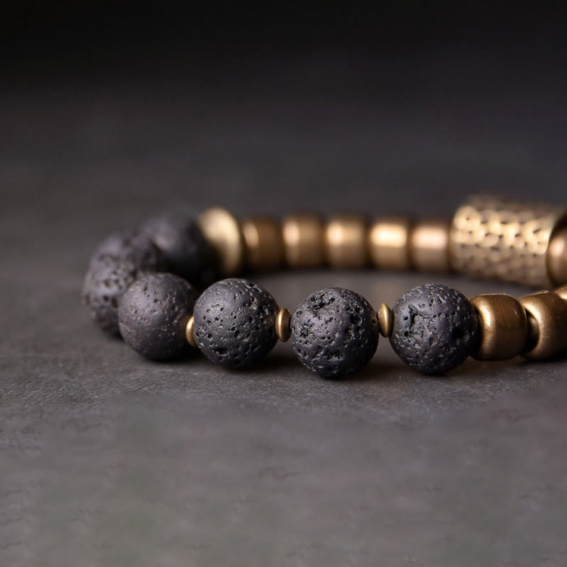 Fortune Jewel Lava Rock Stone Rainbow Obsidian Brass Support Healing Bracelet