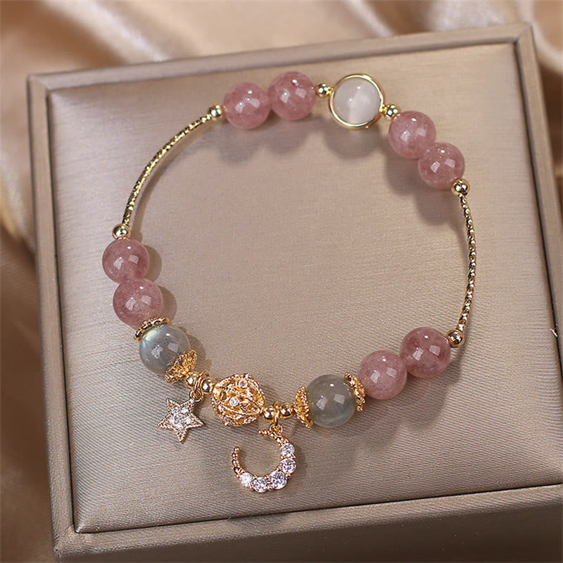 Fortune Jewel Strawberry Quartz Moonstone Moon Star Love Bracelet