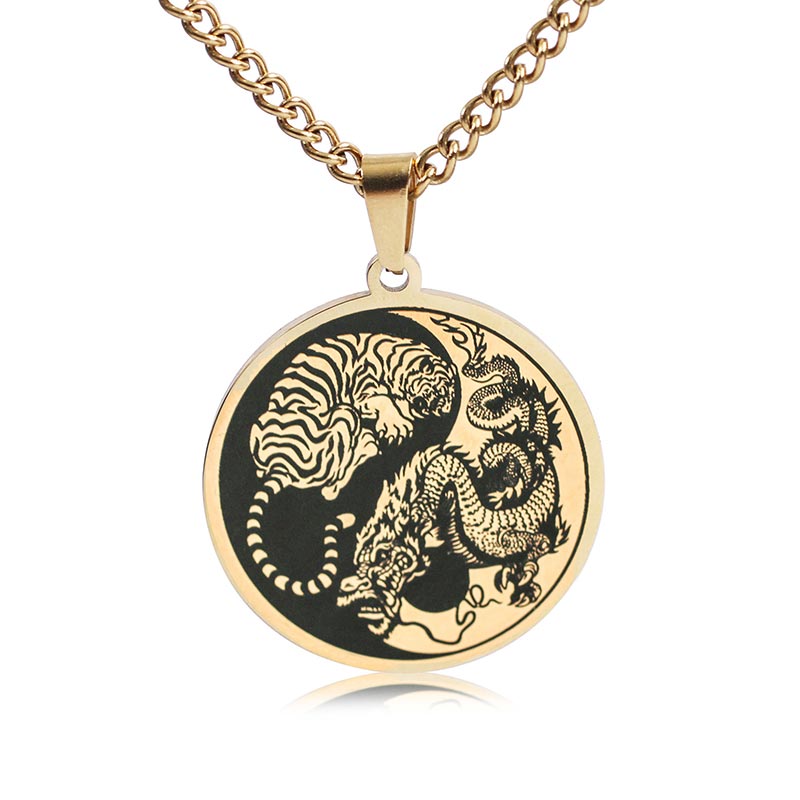 Fortune Jewel Tiger Dragon Titanium Steel Chain Necklace Harmony Pendant