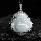 Fortune Jewel Laughing Buddha Natural Jade Abundance Titanium Steel Chain Necklace Pendant Fortune Jewel