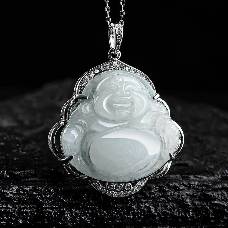 Fortune Jewel Laughing Buddha Natural Jade Abundance Titanium Steel Chain Necklace Pendant Fortune Jewel