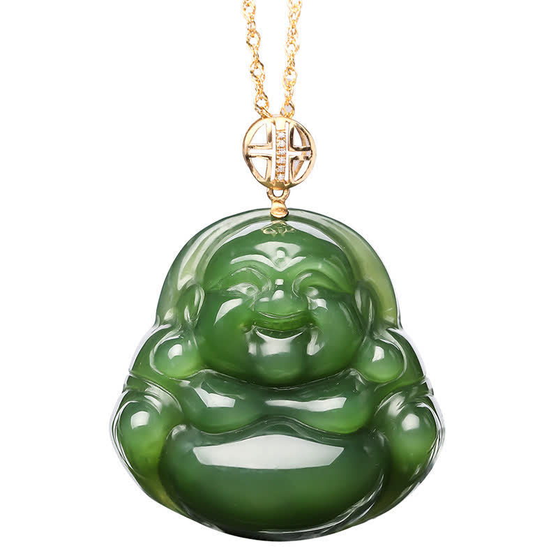 Fortune Jewel 925 Sterling Silver Laughing Buddha Hetian Cyan Jade 18K Gold Success Necklace Chain Pendant Fortune Jewel