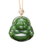 Fortune Jewel 925 Sterling Silver Laughing Buddha Hetian Cyan Jade 18K Gold Success Necklace Chain Pendant Fortune Jewel