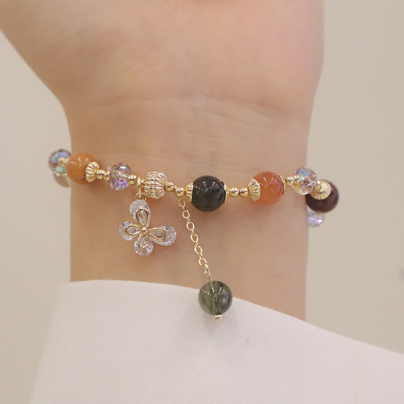 Fortune Jewel Natural Fu Lu Shou Rainbow Crystal Rutilated Quartz Wealth Butterfly Charm Bracelet
