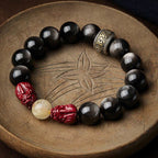 Fortune Jewel Gold Sheen Obsidian PiXiu Cinnabar Om Mani Padme Hum Protection Bracelet