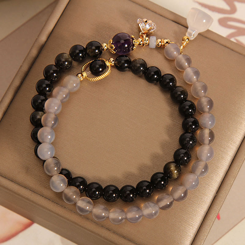 Fortune Jewel Gold Sheen Obsidian Gray Agate Lotus Charm Strengthen Double Wrap Bracelet