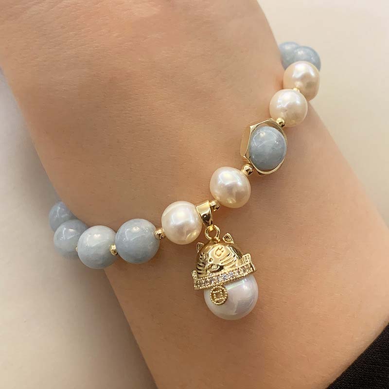 Fortune Jewel Aquamarine Pearl Peace Healing Lucky Cat Charm Bracelet