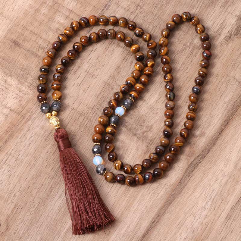 Fortune Jewel Tibetan Tiger Eye Buddha Strength Power Beaded Tassel Pendant Necklace