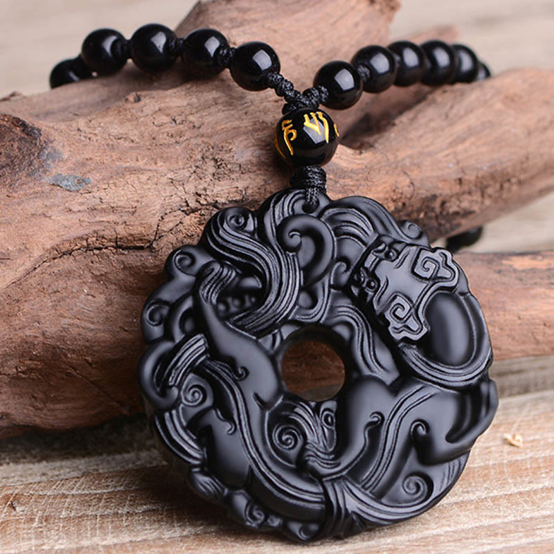 Fortune Jewel Natural Black Obsidian Peace Buckle Pixiu Purification Necklace Pendant