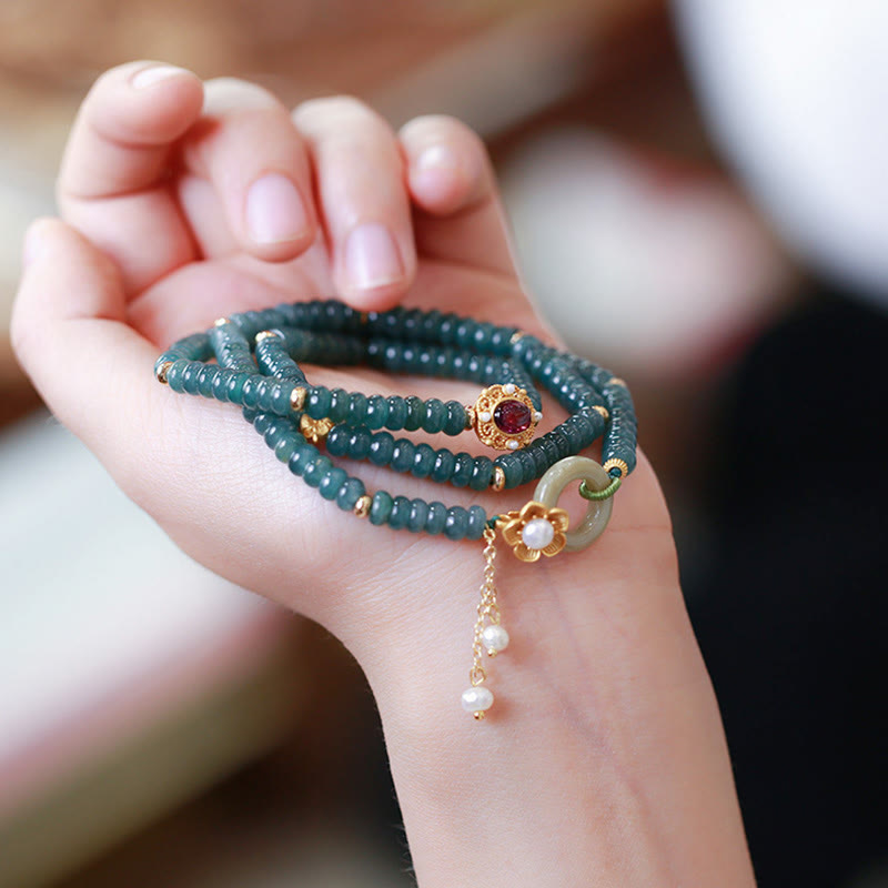 Fortune Jewel 925 Sterling Silver Gold Plated Cyan Jade Flower Peace Buckle Success Triple Wrap Bracelet