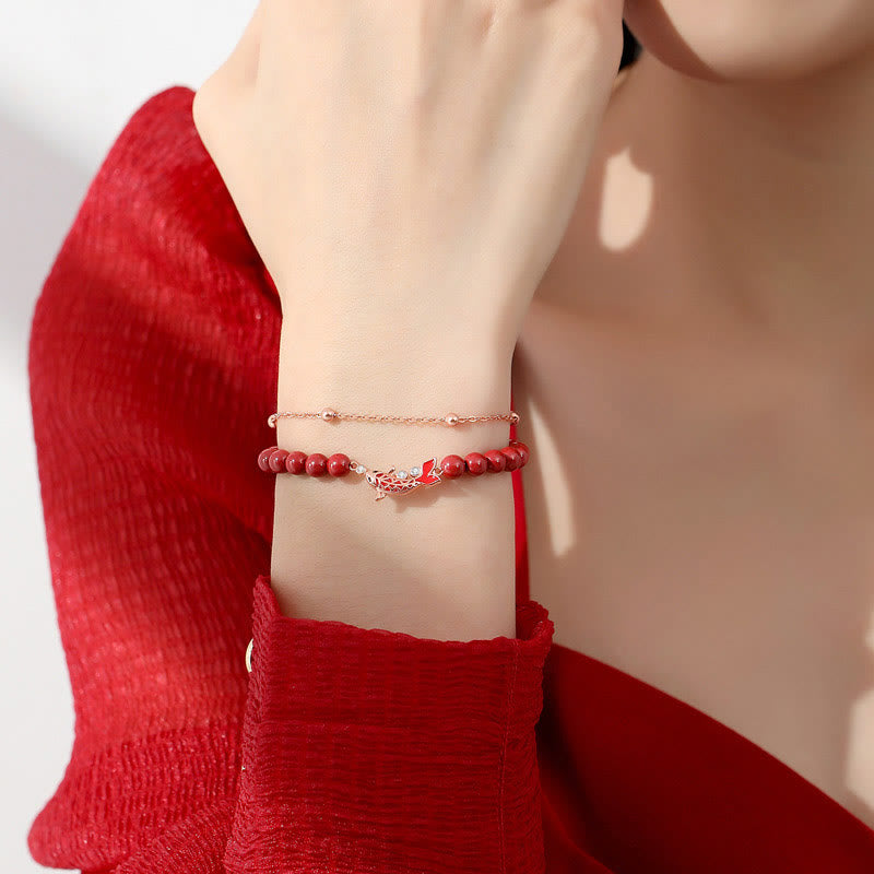 Fortune Jewel 925 Sterling Silver Lucky Koi Fish Cinnabar Zircon Prosperity Double Layer Chain Bracelet