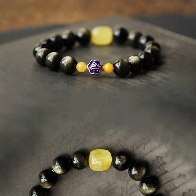 Fortune Jewel 925 Sterling Silver Chinese Zodiac Natal Buddha Natural Gold Sheen Obsidian Amber Wealth Protection Bracelet