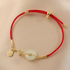 Fortune Jewel 18K Gold Plated Hetian Jade Peace Buckle Fu Character Luck Red Rope Bracelet
