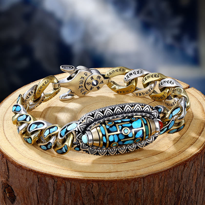 Fortune Jewel Tibetan Nine-Eye Dzi Bead Om Mani Padme Hum Turquoise Protection Rotatable Bracelet
