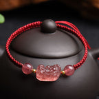 Fortune Jewel Natural Strawberry Quartz PiXiu Lucky Red String Bracelet