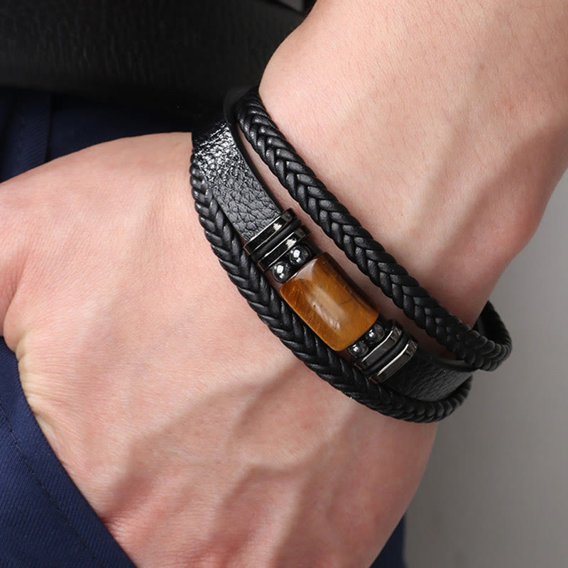 Fortune Jewel Tiger Eye Power Magnetic Buckle Multilayered Leather Bracelet