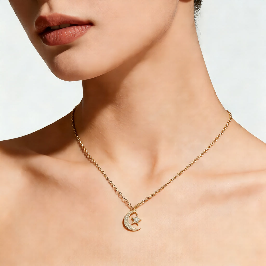 Star and Moon Zircon Pendant Necklace for Women, Sparkling CZ Clavicle Chain