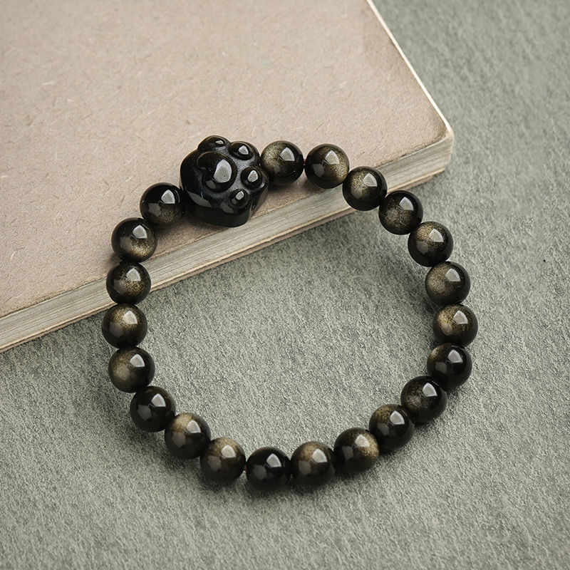 Fortune Jewel Gold Sheen Obsidian Silver Sheen Obsidian Lovely Paw Lucky Cat Protection Bracelet