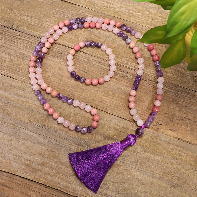 Fortune Jewel 108 Mala Beads Amethyst Rose Quartz Spiritual Healing Tassel Bracelet
