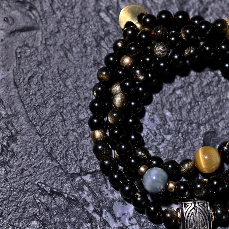 Fortune Jewel 108 Mala Beads Gold Sheen Obsidian Tiger Eye Eagle's Eye Stone Wealth Bracelet
