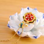 Fortune Jewel 925 Sterling Silver Tibet Lotus Prayer Wheel Red Agate Enlightenment Necklace Pendant