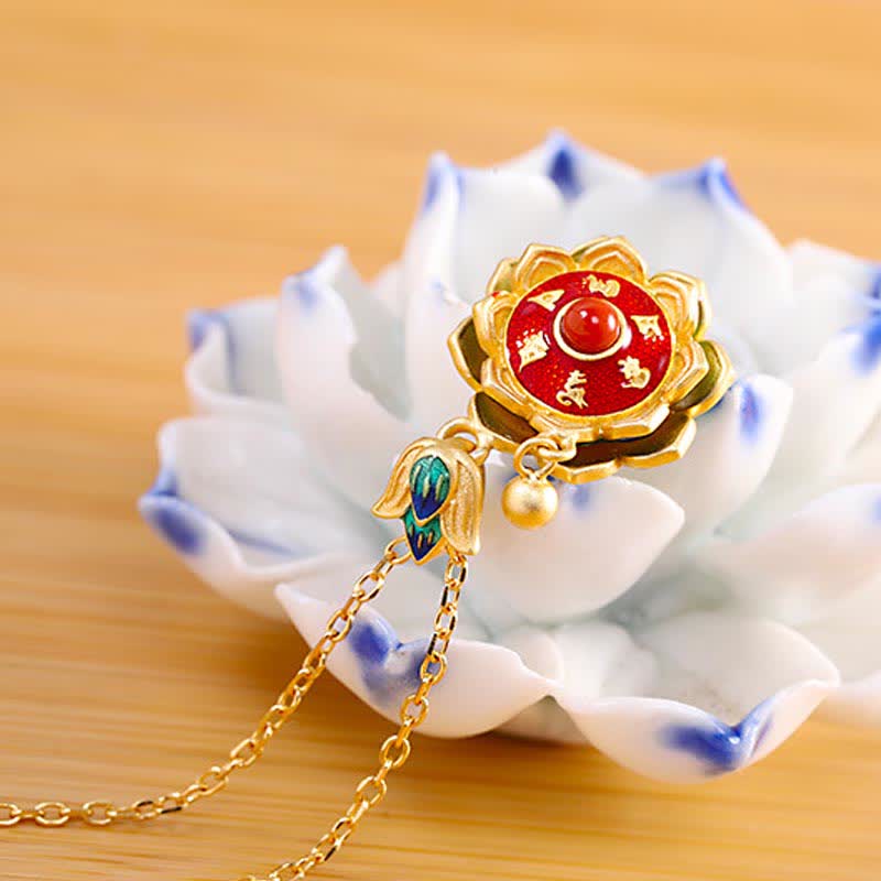 Fortune Jewel 925 Sterling Silver Tibet Lotus Prayer Wheel Red Agate Enlightenment Necklace Pendant