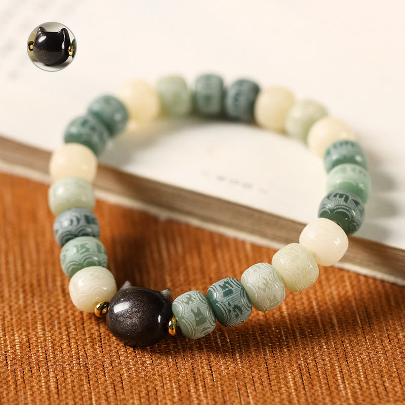Fortune Jewel Bodhi Seed Silver Sheen Obsidian Cat Head Om Mani Padme Hum Engraved Harmony Bracelet