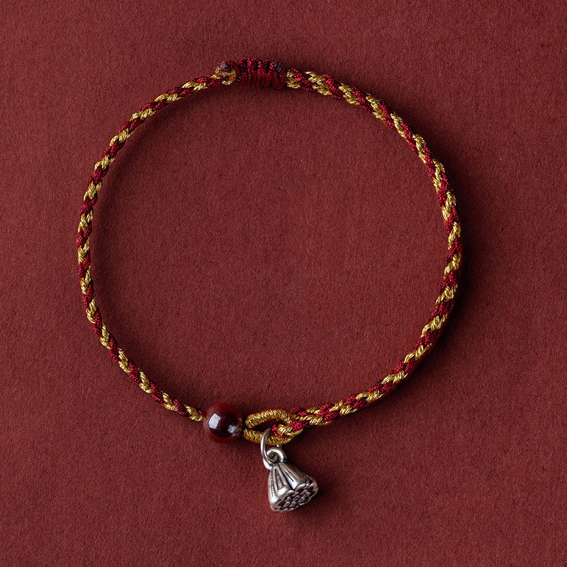 Fortune Jewel Handcrafted Red Gold Rope Lotus Peace And Joy Charm Braid Bracelet