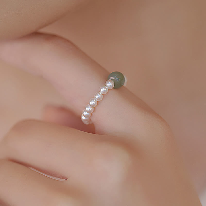Fortune Jewel Round Jade Pearl Beads Luck Ring