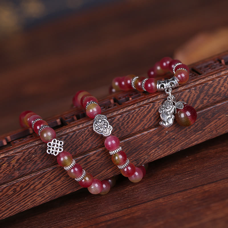 Fortune Jewel Natural Watermelon Tourmaline PiXiu Elephant Positive Triple Wrap Bracelet