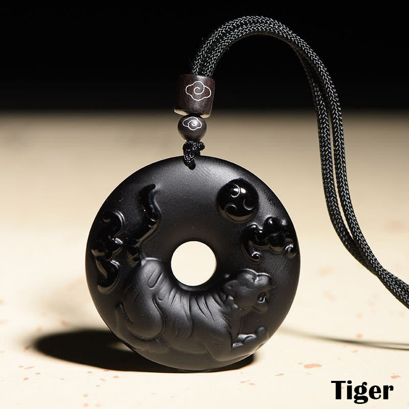 Fortune Jewel Chinese Zodiac Natural Black Obsidian Peace Buckle Strength Necklace Pendant